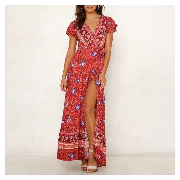 Vintage Boho Chic Open Wrap Maxi Dress Belted Vacation Cover Up Top, One Size - Picture 1 of 10